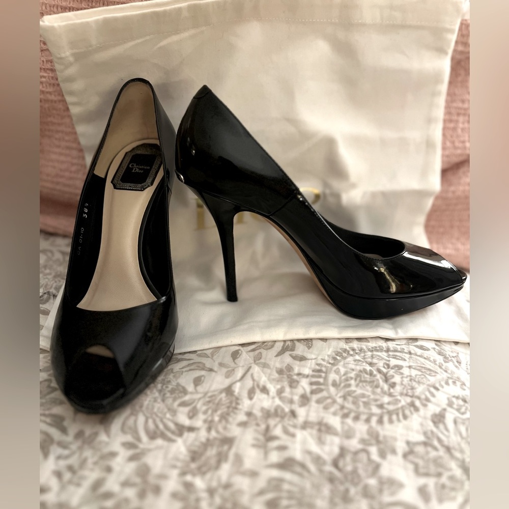 Black patent leather Christian Dior peep toe stilettos